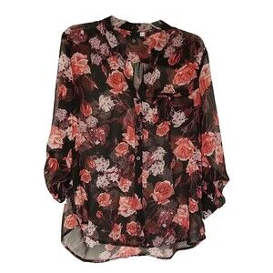 Kut from the Kloth Top Womens Medium Black Red Floral Sheer Long Sleeve      T40